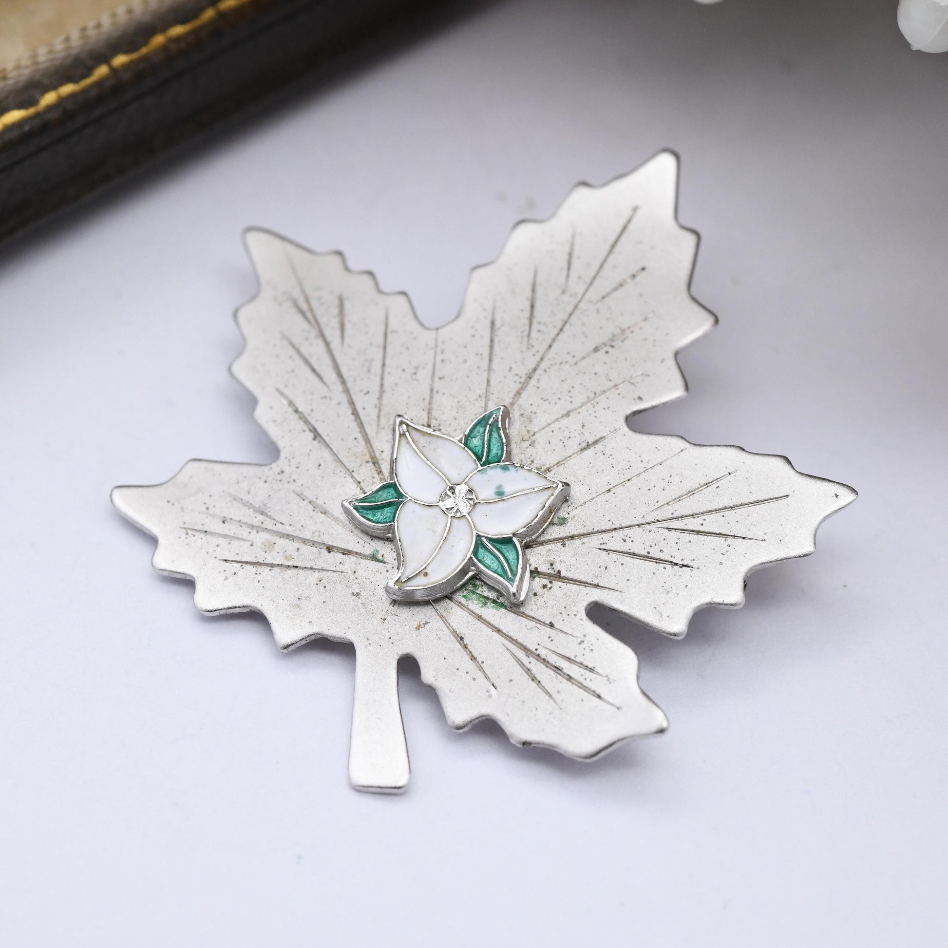 Vintage Bond Boyd Sterling Silver Canada Maple Leaf Brooch with White Enamel Trillium Flower - Silver Canadian Souvenir