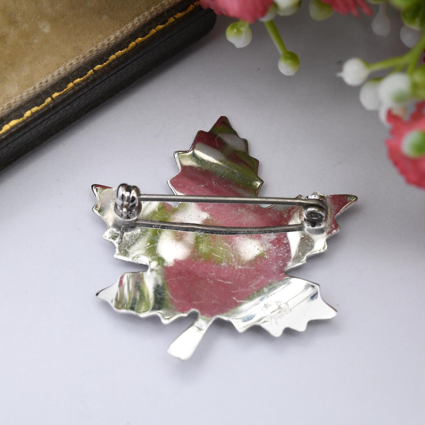 Vintage Bond Boyd Sterling Silver Canada Maple Leaf Brooch with White Enamel Trillium Flower - Silver Canadian Souvenir