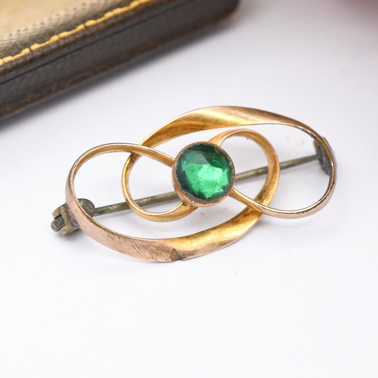 Antique Charles Horner Rolled Gold Twist Brooch with Green Paste Stone