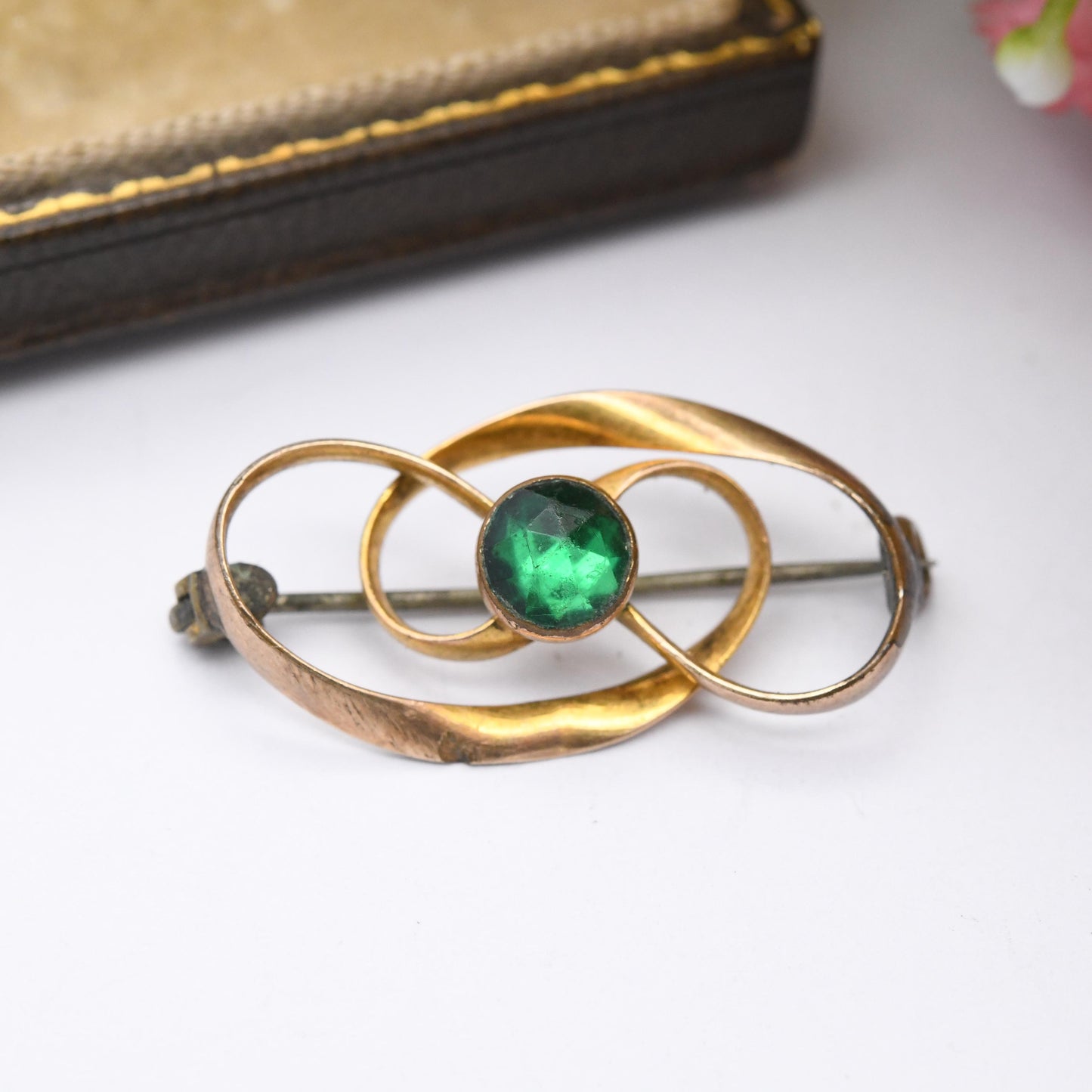 Antique Charles Horner Rolled Gold Twist Brooch with Green Paste Stone