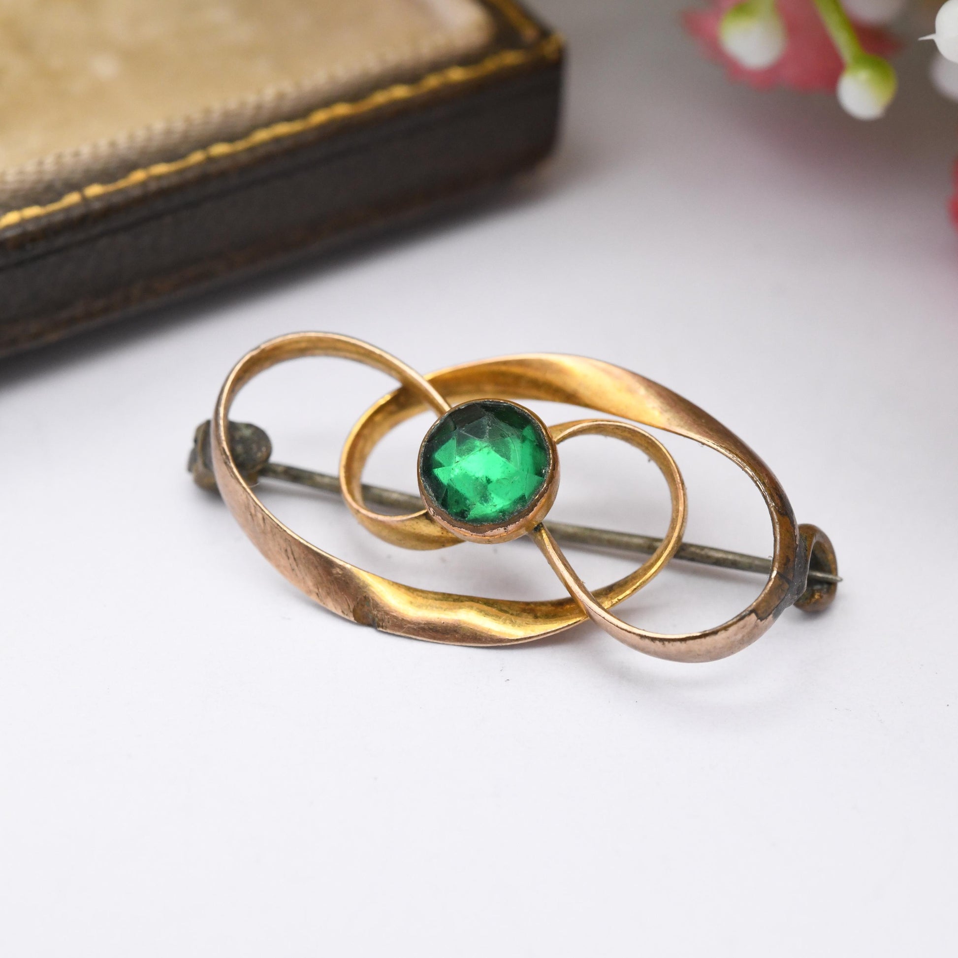 Antique Charles Horner Rolled Gold Twist Brooch with Green Paste Stone