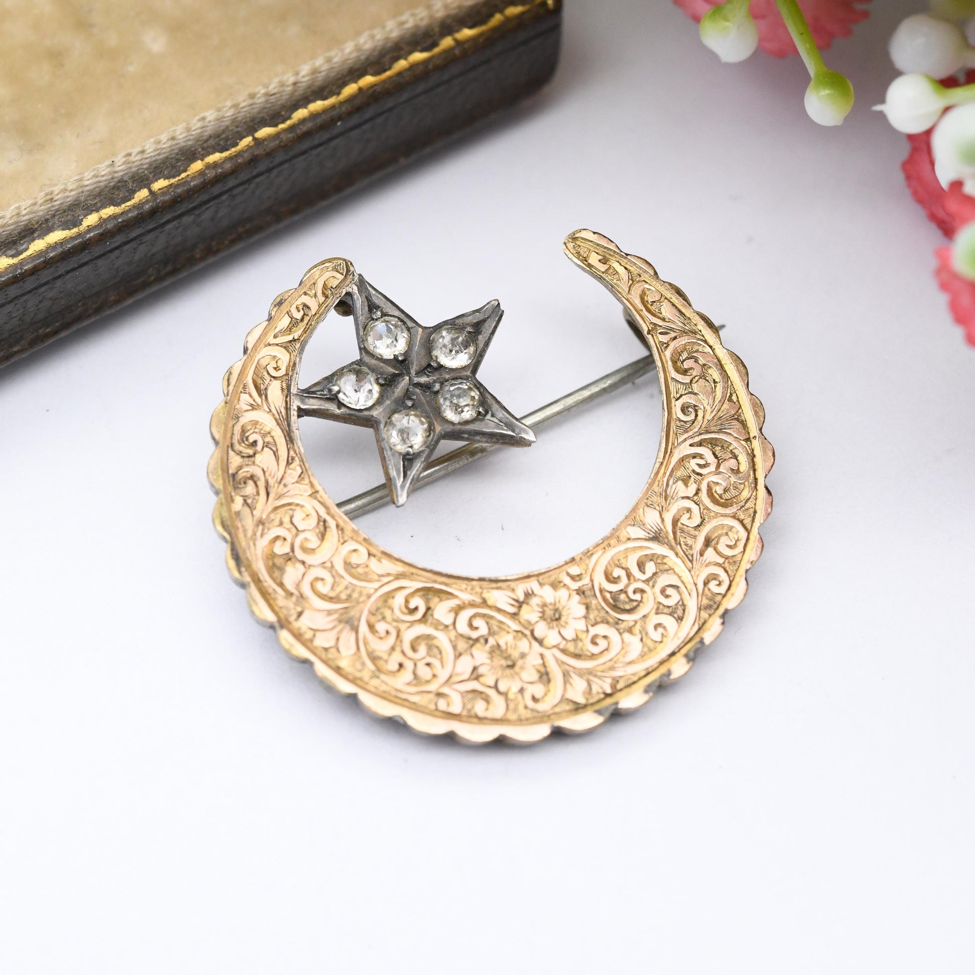 Antique Rolled Gold Star in Crescent Moon Brooch with Clear Paste - Scrolling Floral Flower Engraving Pretty Silver and Gold Tone Celestial