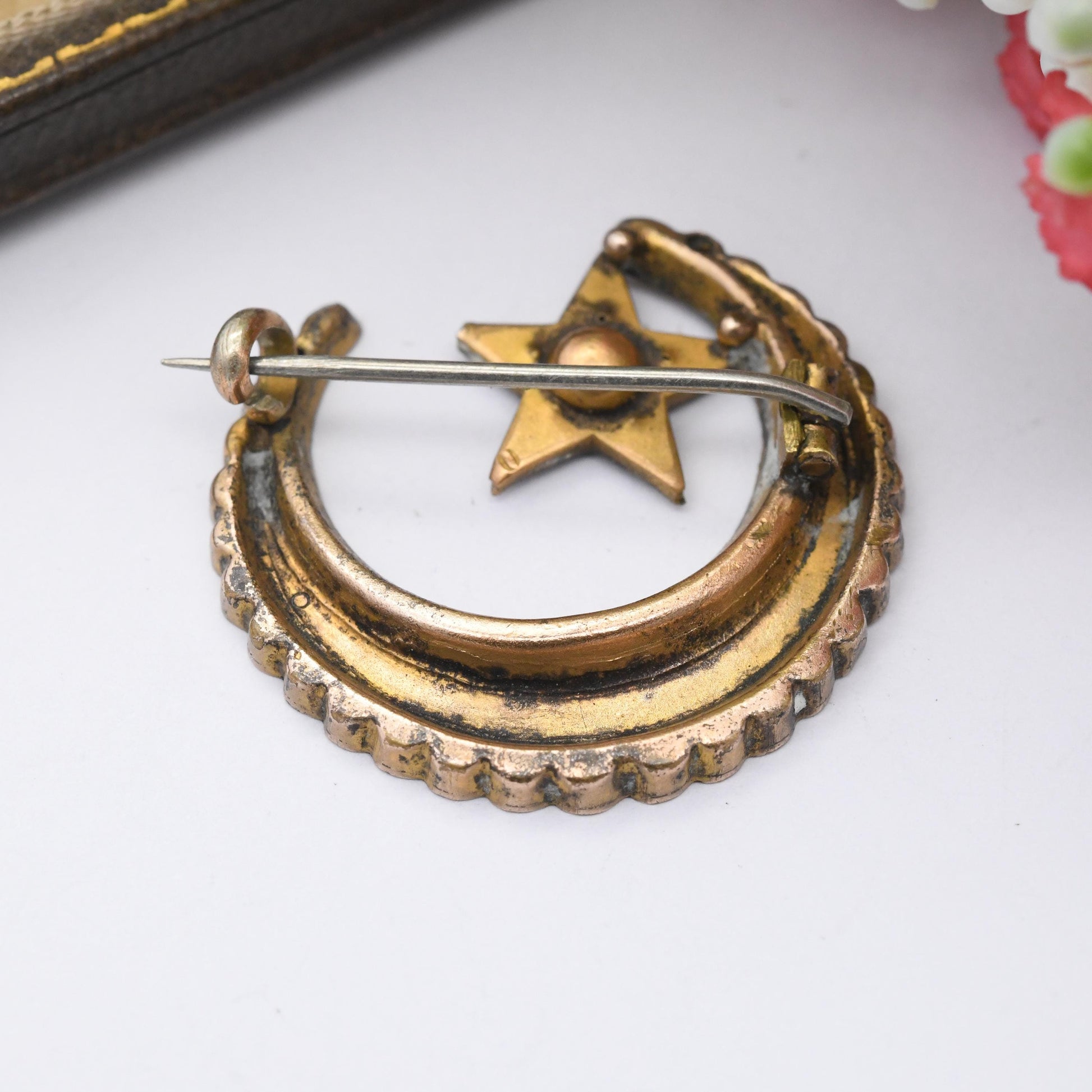 Antique Rolled Gold Star in Crescent Moon Brooch with Clear Paste - Scrolling Floral Flower Engraving Pretty Silver and Gold Tone Celestial