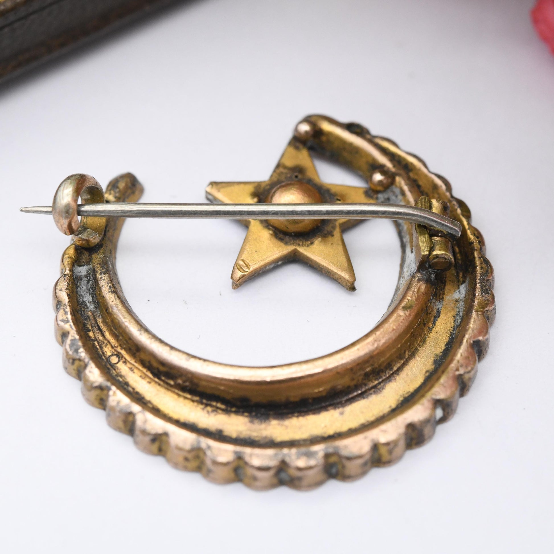 Antique Rolled Gold Star in Crescent Moon Brooch with Clear Paste - Scrolling Floral Flower Engraving Pretty Silver and Gold Tone Celestial