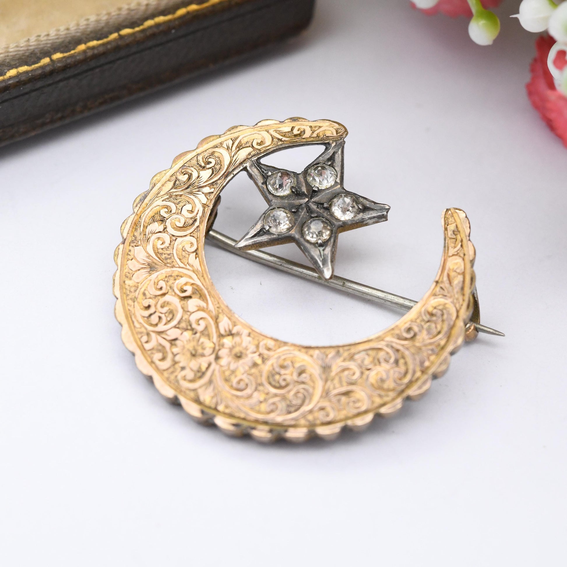 Antique Rolled Gold Star in Crescent Moon Brooch with Clear Paste - Scrolling Floral Flower Engraving Pretty Silver and Gold Tone Celestial