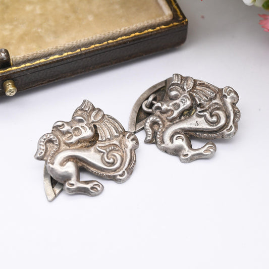 True Vintage Silver Lion Chain Style Cufflinks - Ornate Textured Repoussé Design Gift for Son Brother Graduation Day Present Unusual Antique