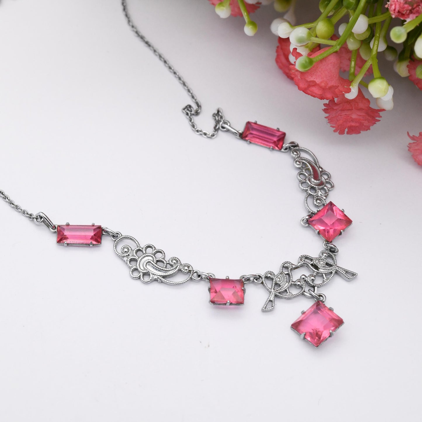 Vintage Art Deco Lovebird Chrome Plated Necklace with Pink Paste Glass Drop Millegrain - 20th Century Silver Tone Costume Jewellery