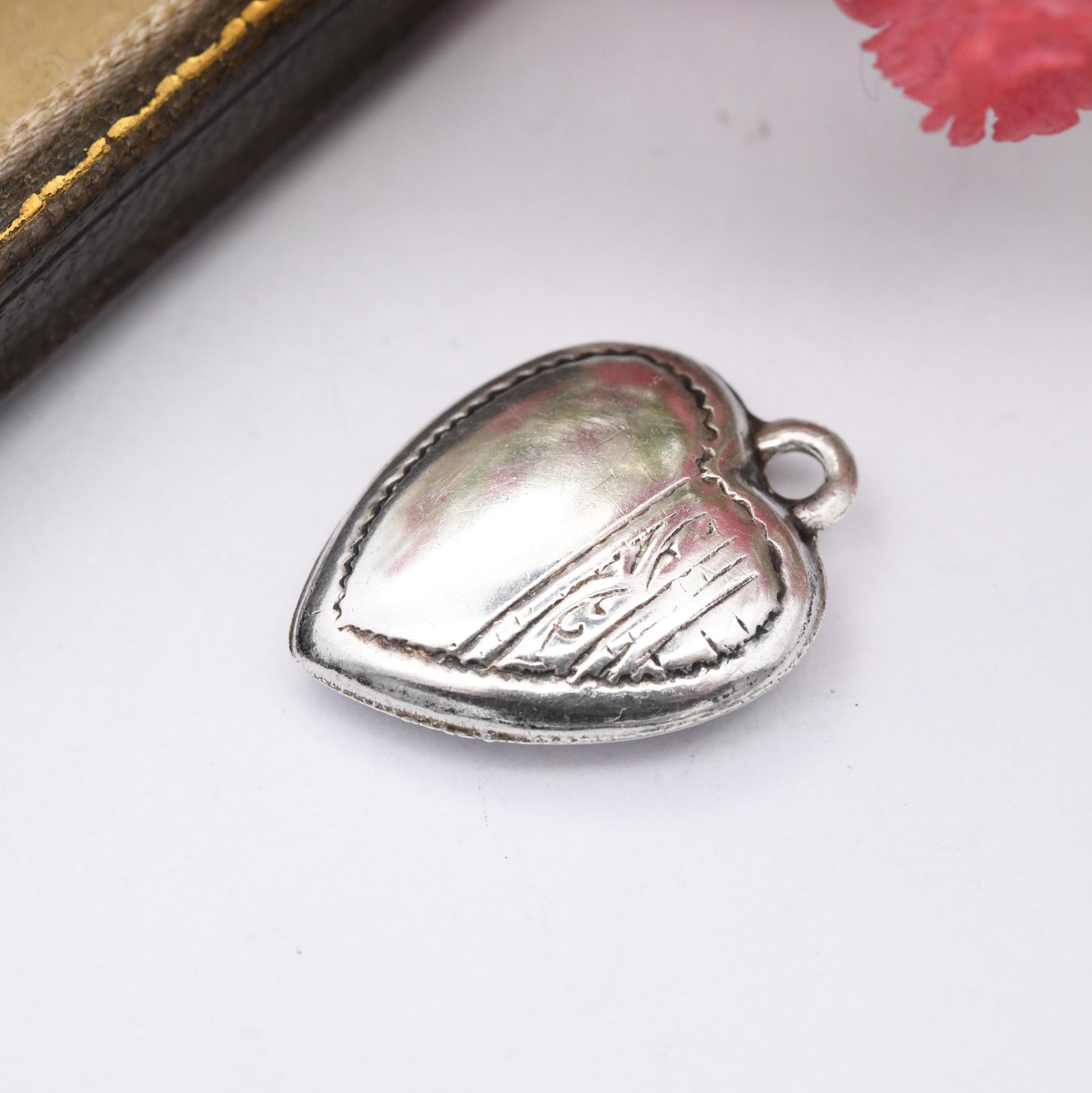 Vintage Sterling Silver Puffed Heart Charm Pendant with Engraved Border Design - Small Love Heart Gift Charm Necklace Stack