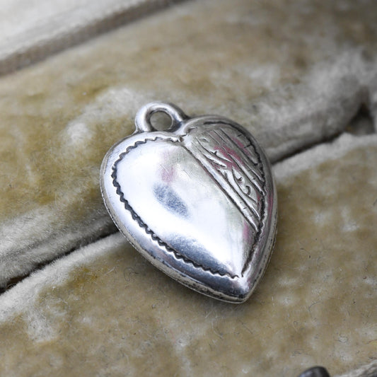 Vintage Sterling Silver Puffed Heart Charm Pendant with Engraved Border Design - Small Love Heart Gift Charm Necklace Stack