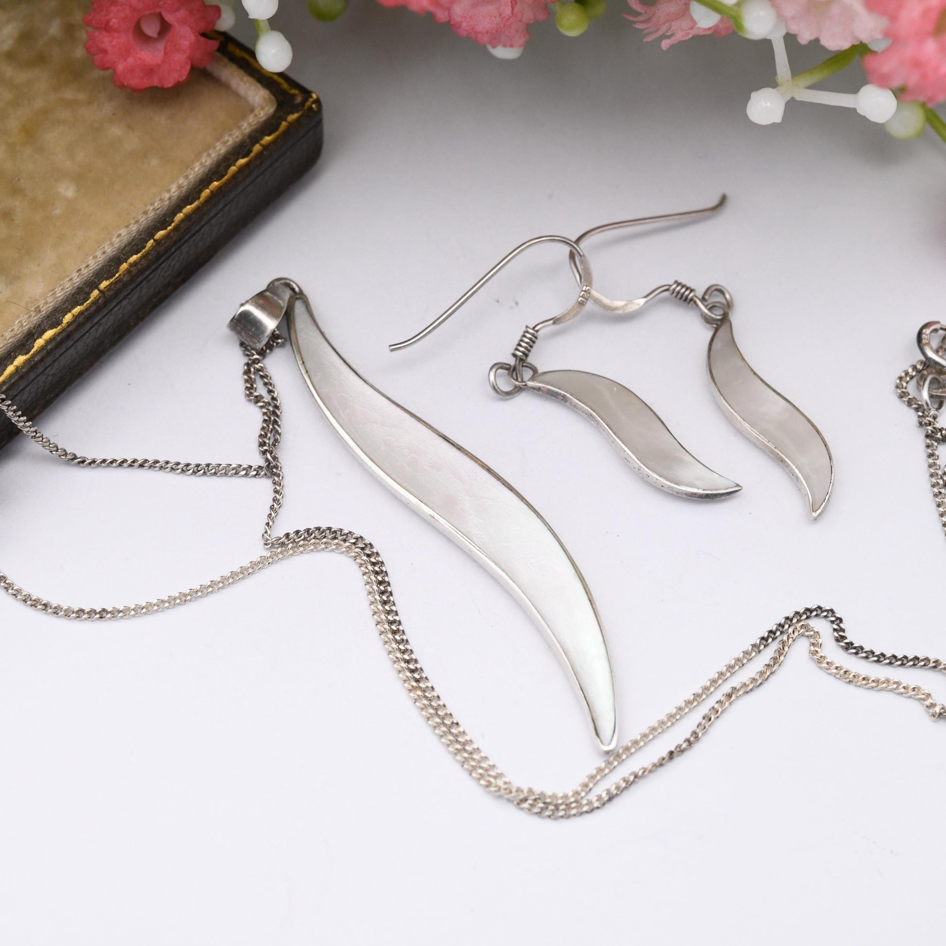 Sterling Silver Mother of Pearl Necklace and Drop Earrings Set - Minimal White Stone S Shaped Demi Parure