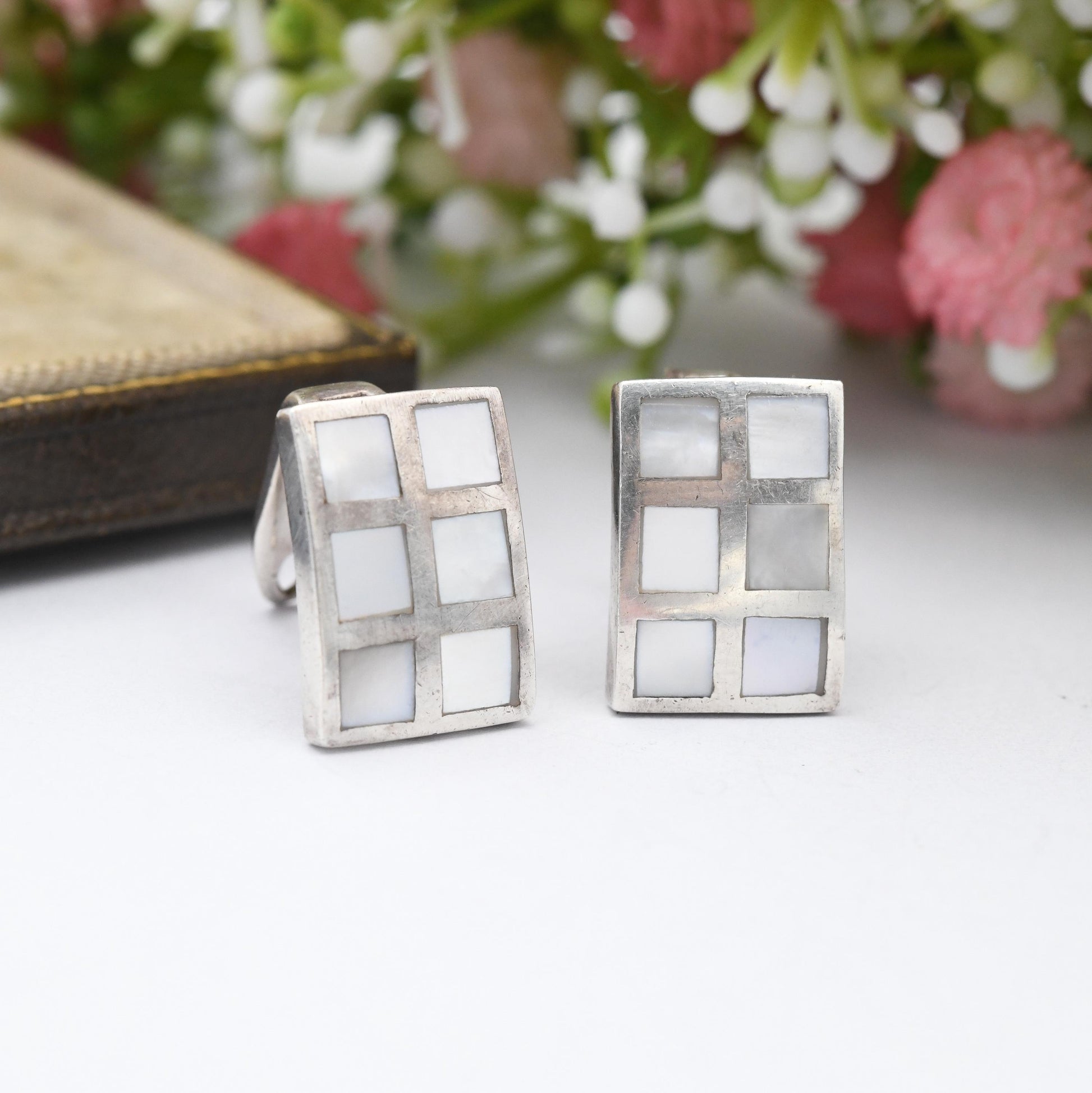 Vintage Sterling Silver Mother of Pearl Shell Earrings - Rectangle Square Shape | Mosaic Blue White Shell Clasp Earrings | Gift for Mum