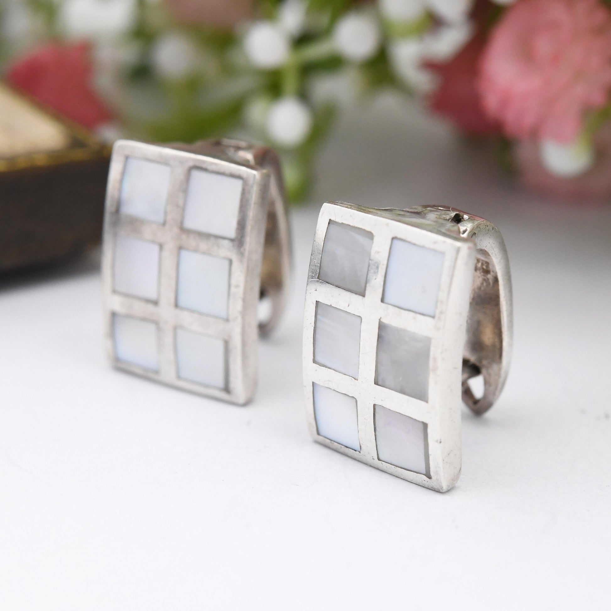 Vintage Sterling Silver Mother of Pearl Shell Earrings - Rectangle Square Shape | Mosaic Blue White Shell Clasp Earrings | Gift for Mum