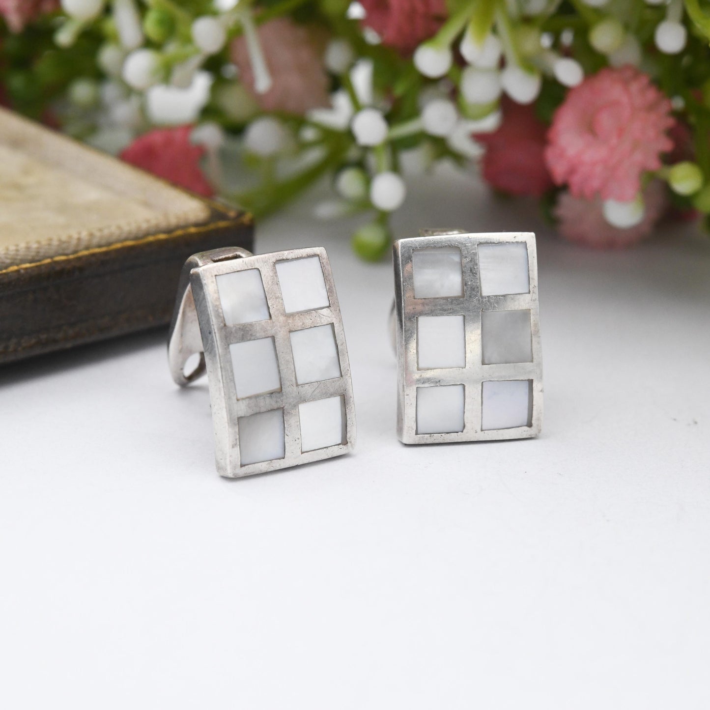 Vintage Sterling Silver Mother of Pearl Shell Earrings - Rectangle Square Shape | Mosaic Blue White Shell Clasp Earrings | Gift for Mum