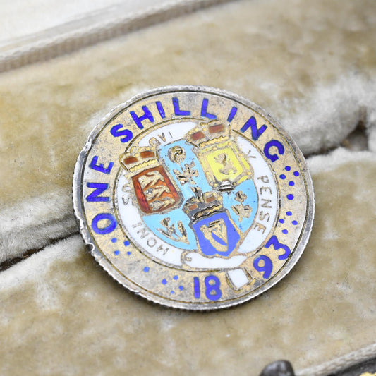 Antique Sterling Silver Enamelled 1893 Victoria One Shilling Coin - Colourful Enamel Coin Jewellery Honi Soit Qui Mal Y Pense Shield Design