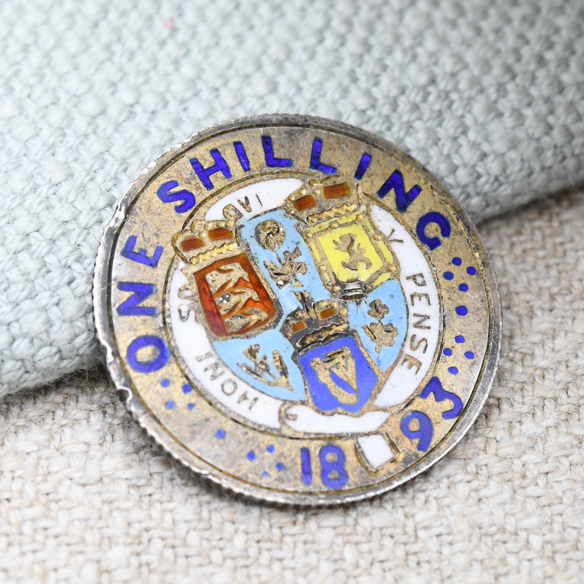 Antique Sterling Silver Enamelled 1893 Victoria One Shilling Coin - Colourful Enamel Coin Jewellery Honi Soit Qui Mal Y Pense Shield Design