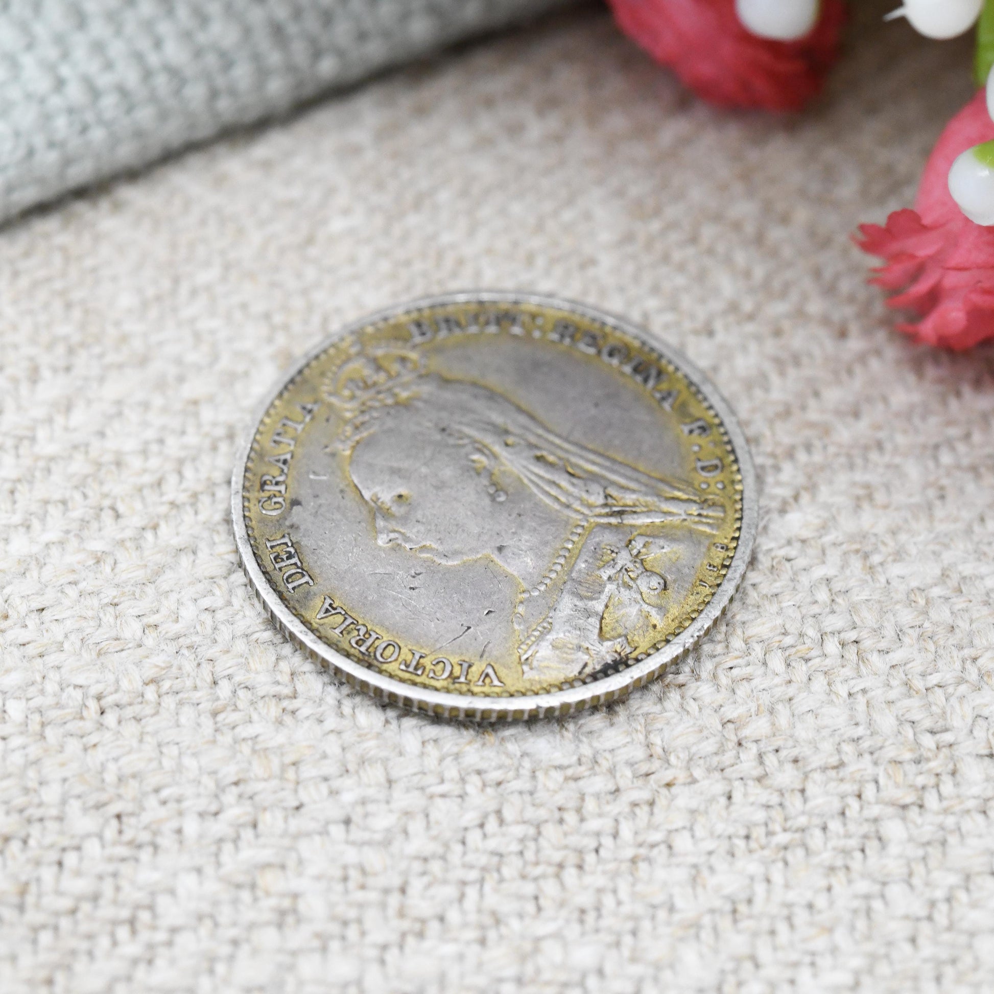 Antique Enamelled Sterling Silver 1887 Victoria Sixpence Coin - Colourful Enamel Coin Jewellery Honi Soit Qui Mal Y Pense Shield Design Coin