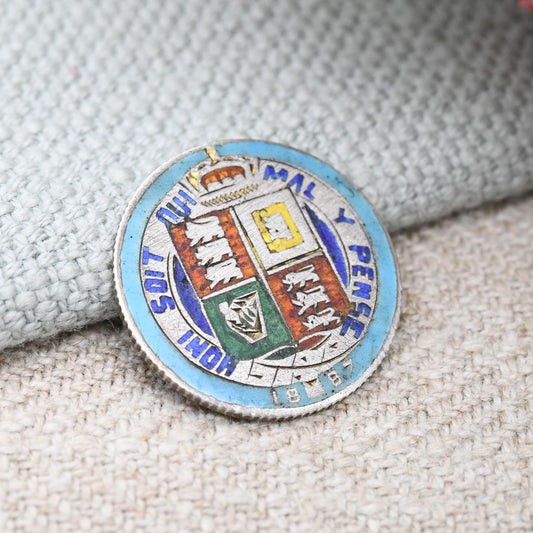 Antique Enamelled Sterling Silver 1887 Victoria Sixpence Coin - Colourful Enamel Coin Jewellery Honi Soit Qui Mal Y Pense Shield Design Coin