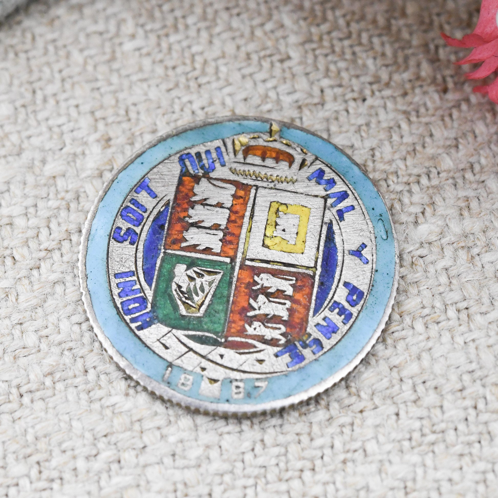 Antique Enamelled Sterling Silver 1887 Victoria Sixpence Coin - Colourful Enamel Coin Jewellery Honi Soit Qui Mal Y Pense Shield Design Coin