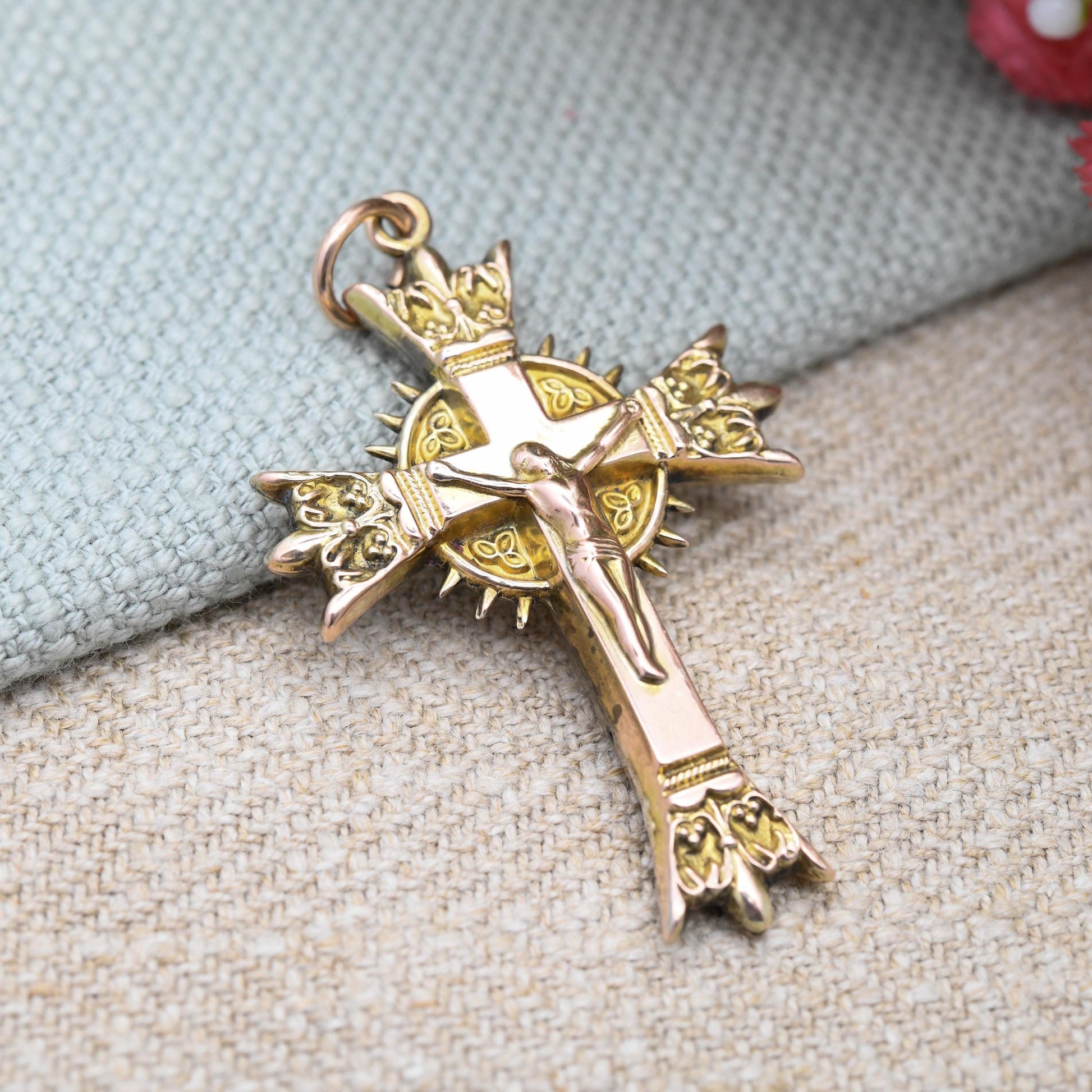 Antique 9ct Gold Jesus on the Cross Pendant Ornate Design - Christening Baptism Gift | Victorian Antique Rose Gold | Large 3D Puffed Design