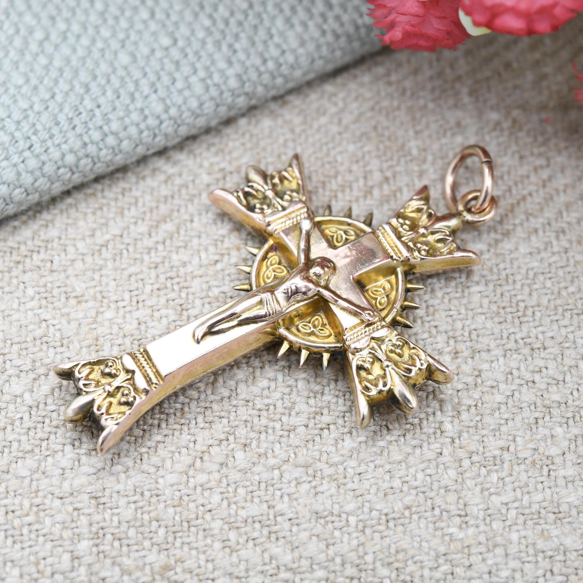 Antique 9ct Gold Jesus on the Cross Pendant Ornate Design - Christening Baptism Gift | Victorian Antique Rose Gold | Large 3D Puffed Design