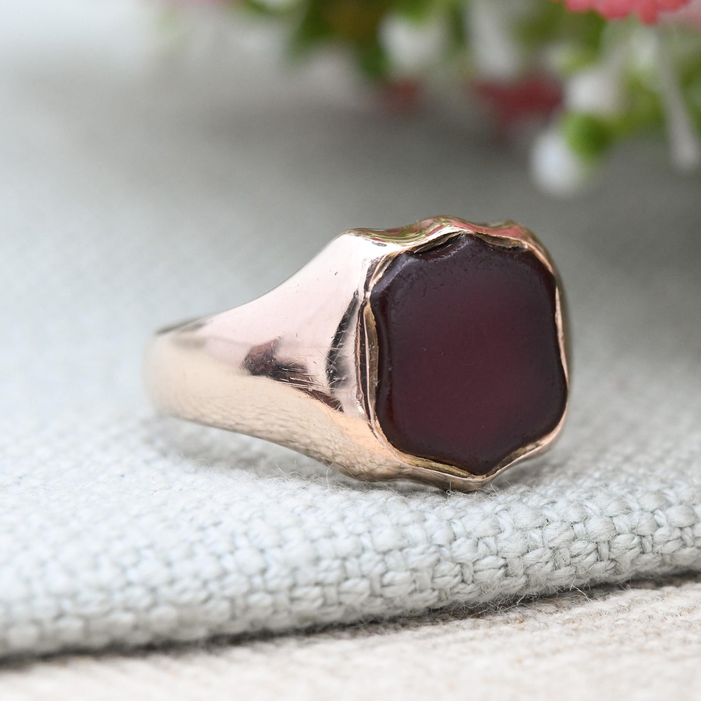 Antique 9ct Rose Gold Carnelian Shield Signet Ring 1904 Edwardian - Unisex Chunky Ring | Gift for Boyfriend | UK Size - Q | US Size - 8