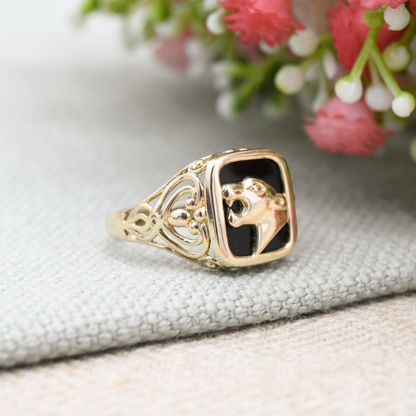 Vintage 9ct Gold Onyx Panther Head Signet Ring - Mid-Century Animal Ring Jaguar Tiger | Gift for Boyfriend | UK Size - R | US Size - 8 3/4