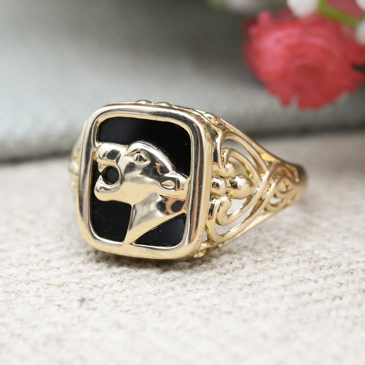 Vintage 9ct Gold Onyx Panther Head Signet Ring - Mid-Century Animal Ring Jaguar Tiger | Gift for Boyfriend | UK Size - R | US Size - 8 3/4