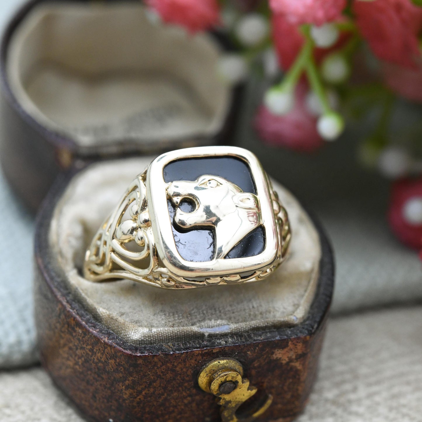 Vintage 9ct Gold Onyx Panther Head Signet Ring - Mid-Century Animal Ring Jaguar Tiger | Gift for Boyfriend | UK Size - R | US Size - 8 3/4