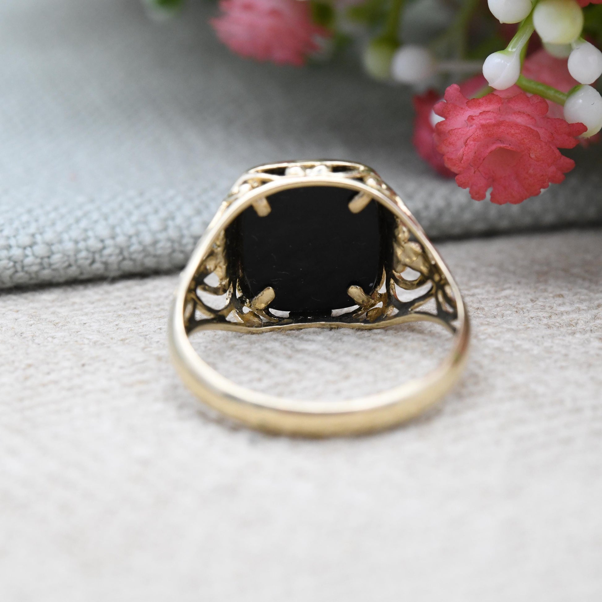 Vintage 9ct Gold Onyx Panther Head Signet Ring - Mid-Century Animal Ring Jaguar Tiger | Gift for Boyfriend | UK Size - R | US Size - 8 3/4