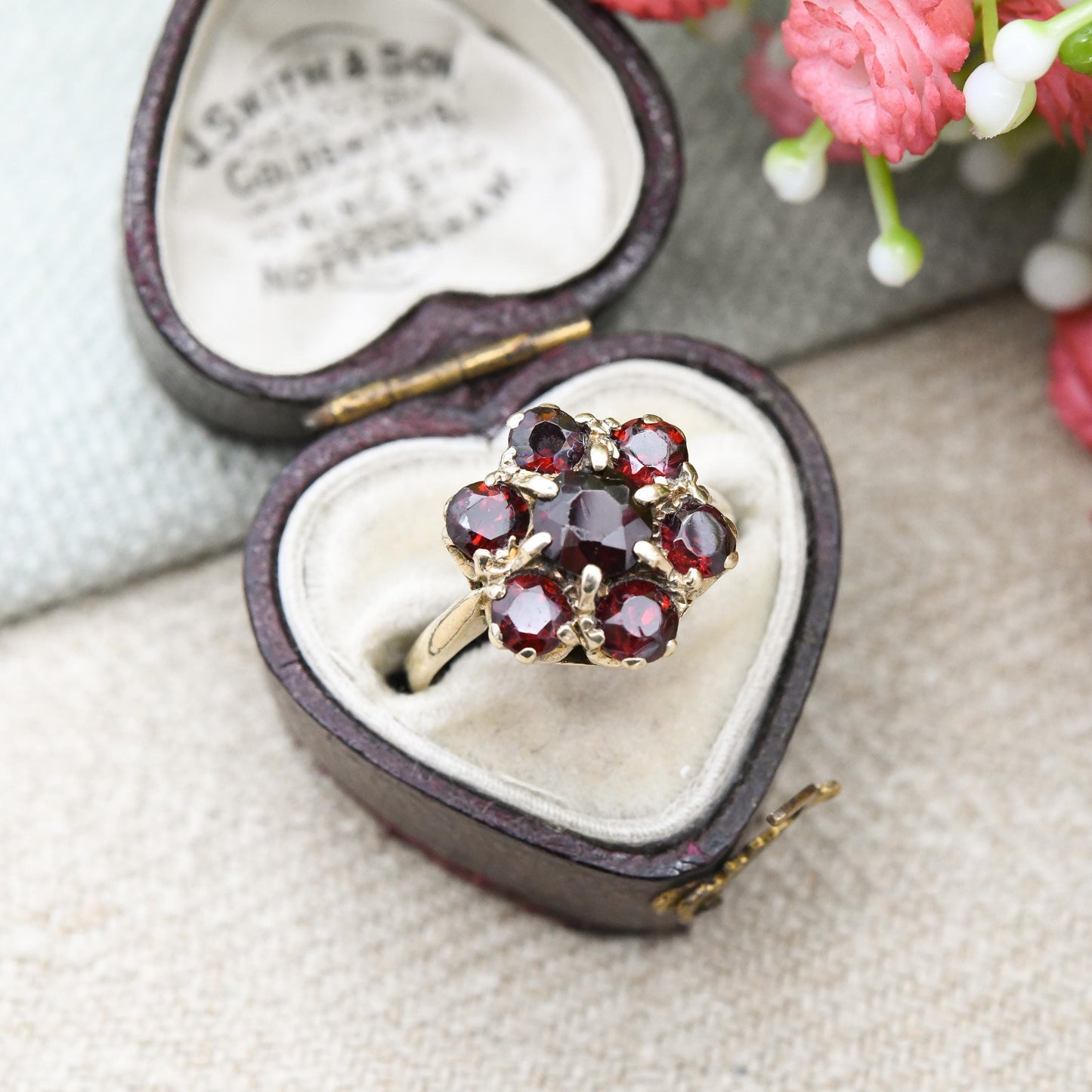 Vintage 9ct Gold Garnet Flower Ring 1966 - Mid-Century Edwardian Style Cocktail Large Stones Pretty Gift | UK Size - L | US Size - 5 3/4