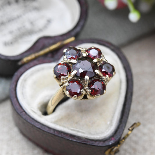 Vintage 9ct Gold Garnet Flower Ring 1966 - Mid-Century Edwardian Style Cocktail Large Stones Pretty Gift | UK Size - L | US Size - 5 3/4