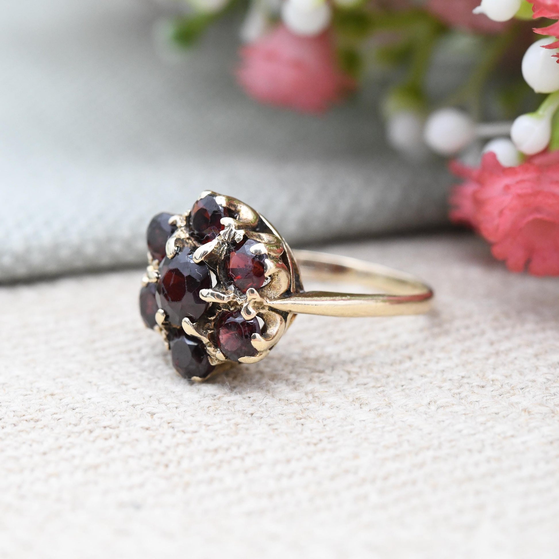 Vintage 9ct Gold Garnet Flower Ring 1966 - Mid-Century Edwardian Style Cocktail Large Stones Pretty Gift | UK Size - L | US Size - 5 3/4