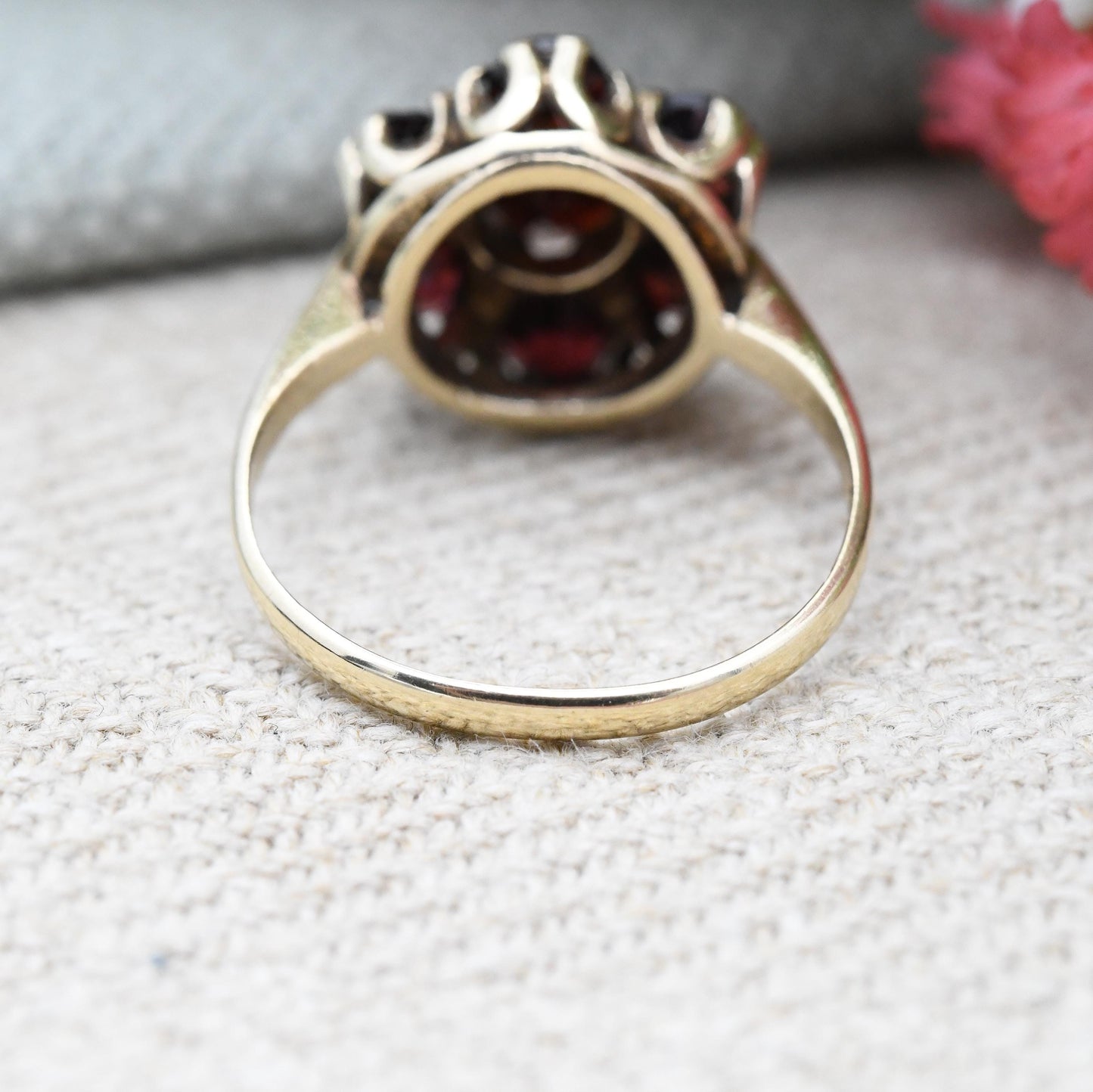 Vintage 9ct Gold Garnet Flower Ring 1966 - Mid-Century Edwardian Style Cocktail Large Stones Pretty Gift | UK Size - L | US Size - 5 3/4