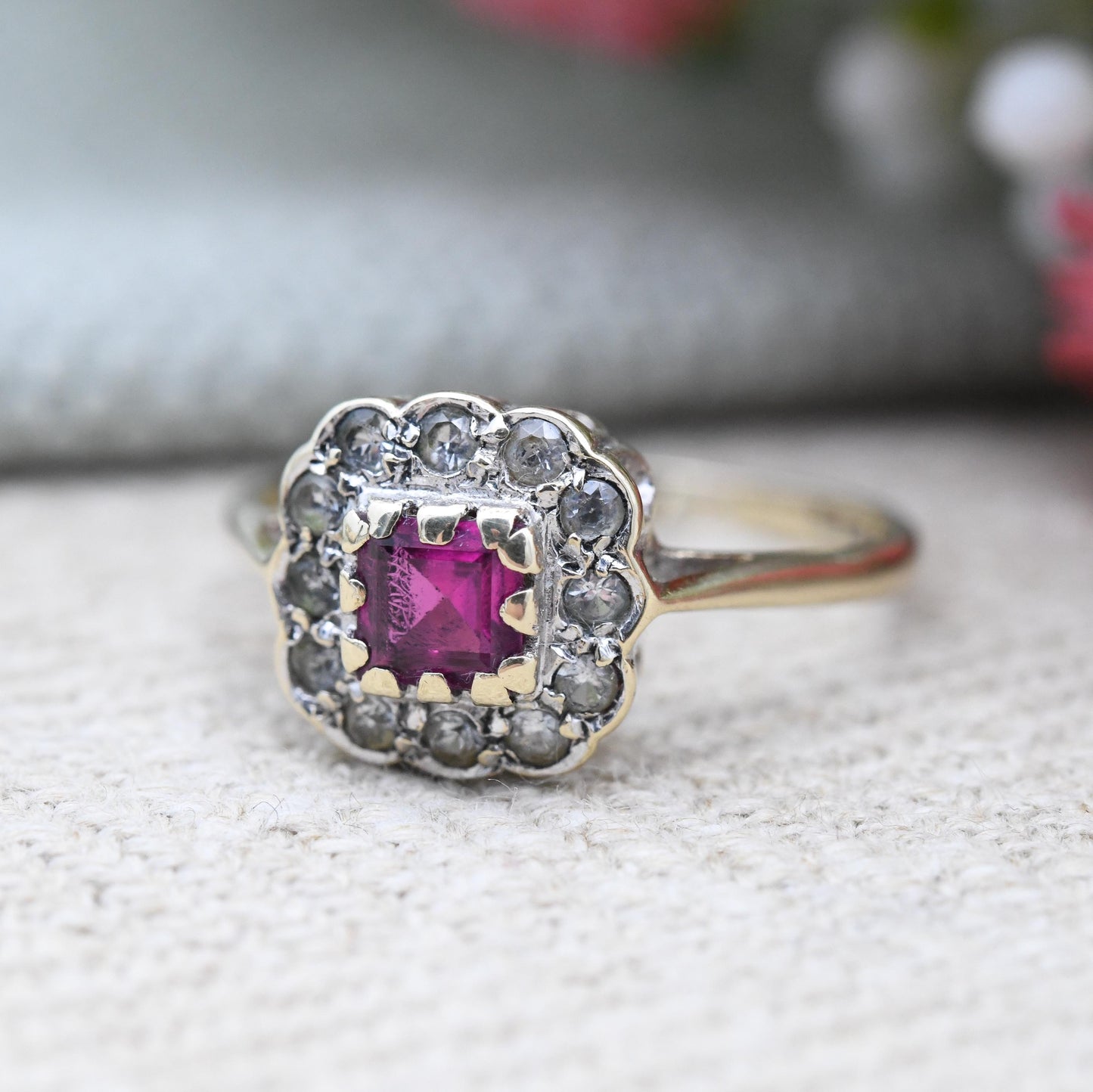 Vintage 9ct Gold Ruby Square Halo Ring 1969 with Clear Stone Cluster - Pretty Gold Jewellery Gift for Her | UK Size - K 1/2 US Size - 5 1/2