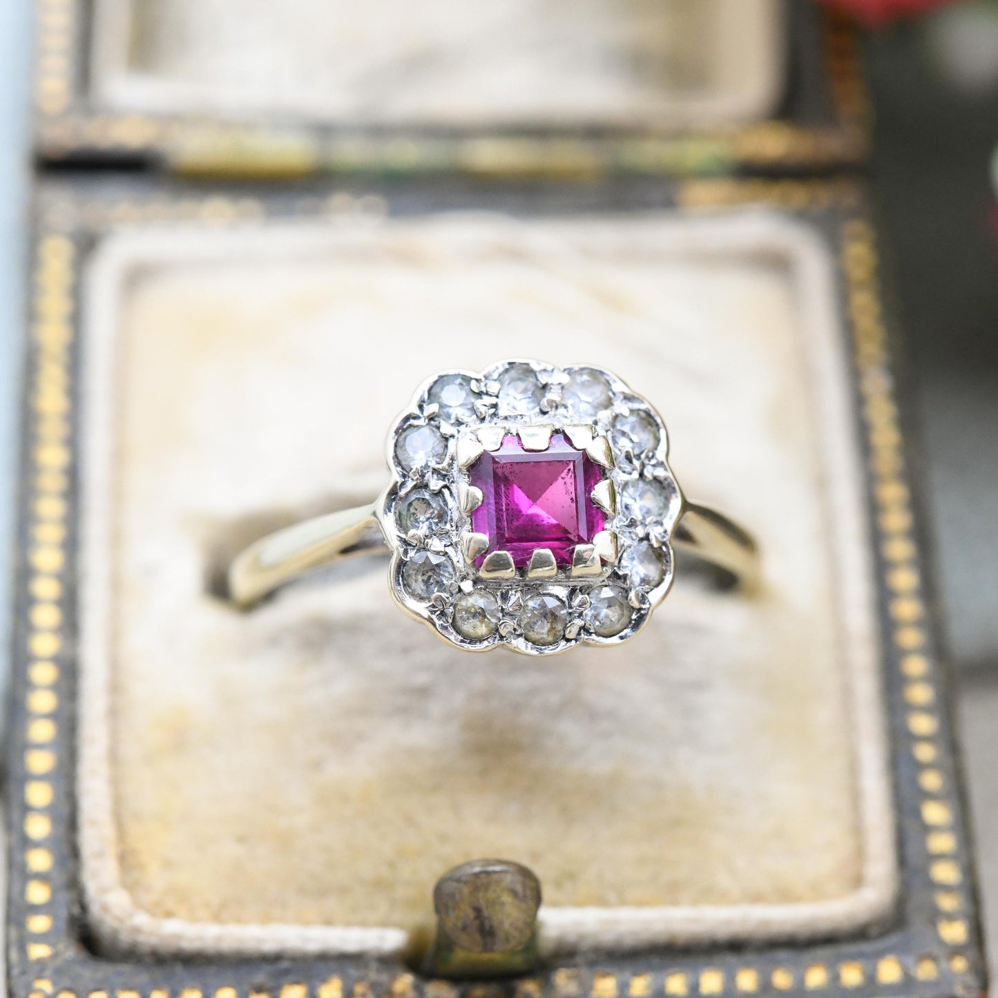 Vintage 9ct Gold Ruby Square Halo Ring 1969 with Clear Stone Cluster - Pretty Gold Jewellery Gift for Her | UK Size - K 1/2 US Size - 5 1/2