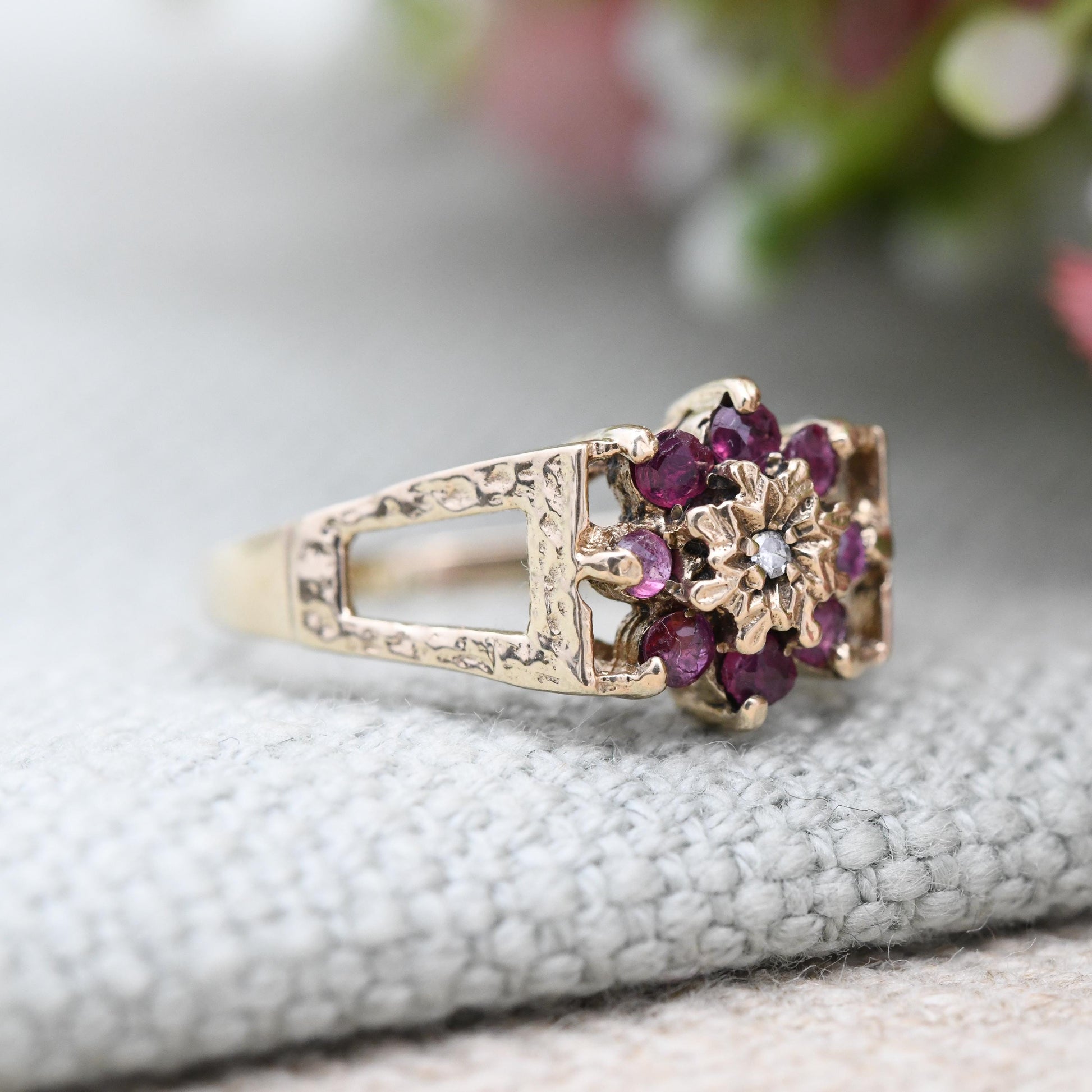 Vintage 9ct Gold Ruby Diamond Floral Cluster Ring 1979 Mid-Century - Cut Out Textured Shoulders Flower Shape | UK Size - M | US Size - 6 1/4