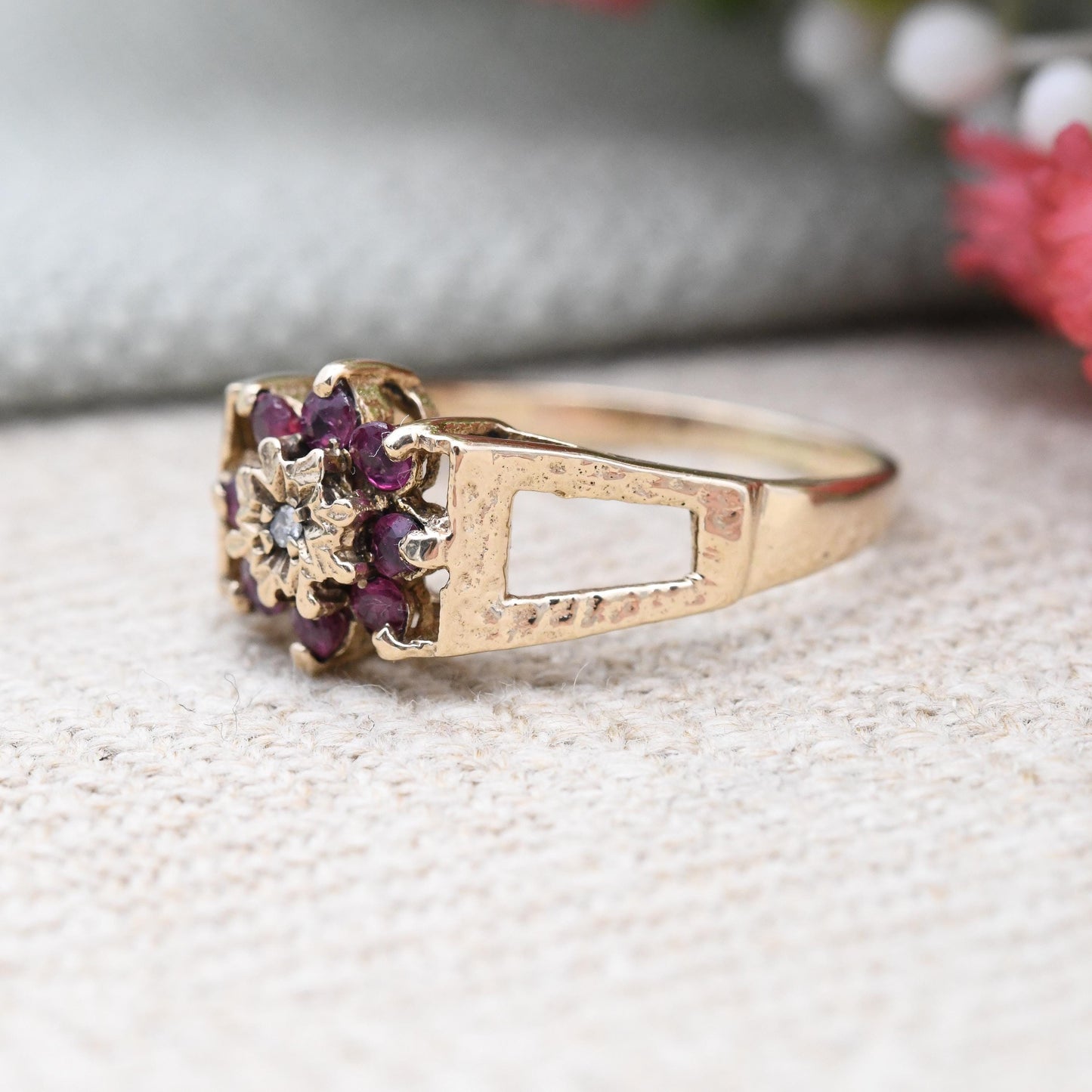 Vintage 9ct Gold Ruby Diamond Floral Cluster Ring 1979 Mid-Century - Cut Out Textured Shoulders Flower Shape | UK Size - M | US Size - 6 1/4