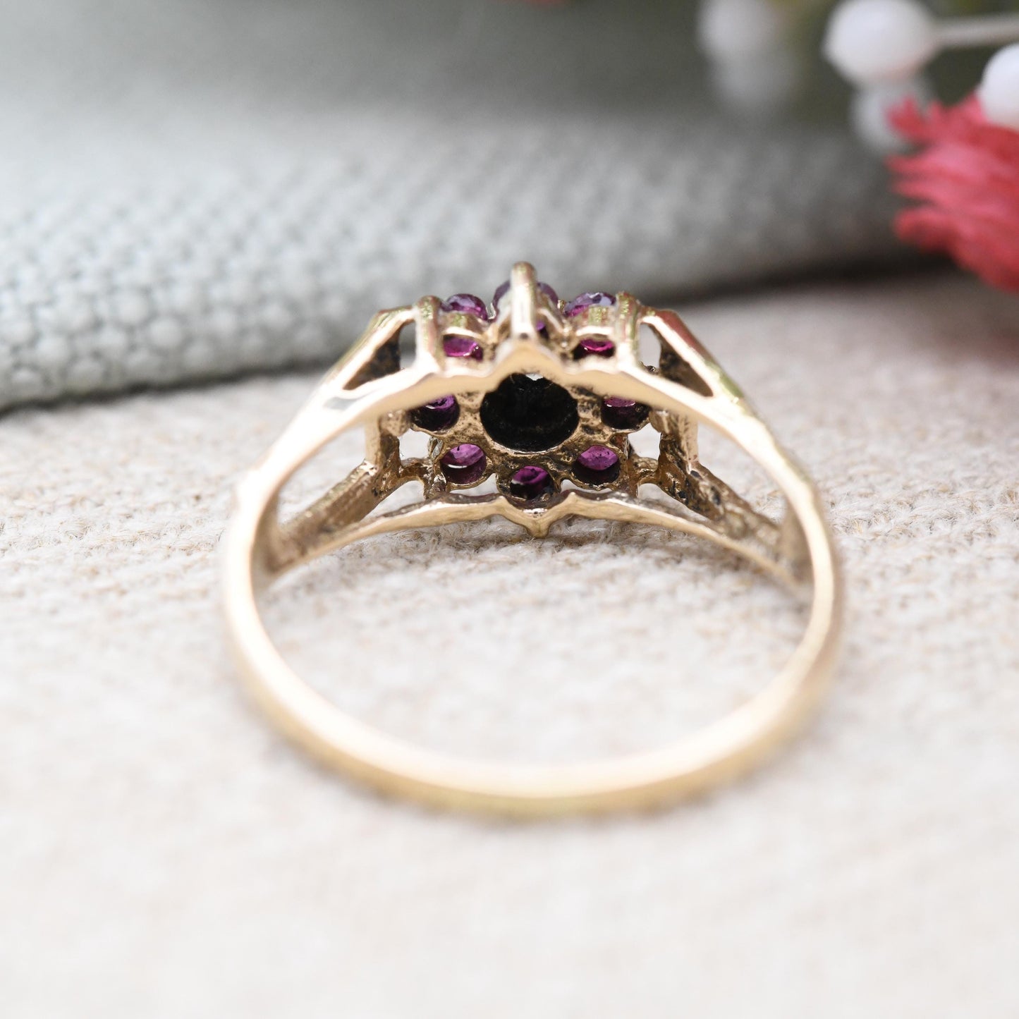 Vintage 9ct Gold Ruby Diamond Floral Cluster Ring 1979 Mid-Century - Cut Out Textured Shoulders Flower Shape | UK Size - M | US Size - 6 1/4