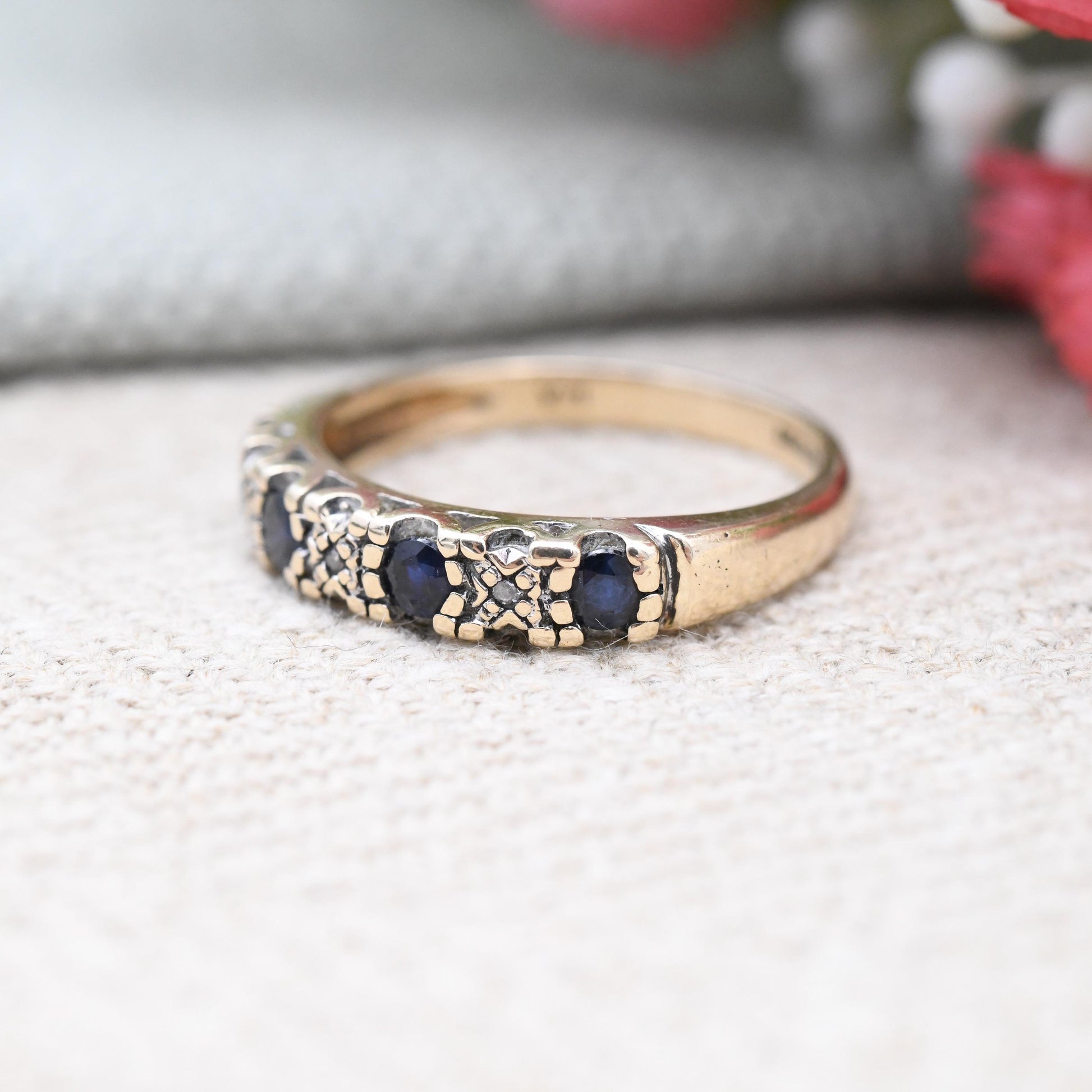 Vintage 9ct Gold Sapphire and Diamond Half Eternity Band Ring - Blue and White Gemstones Stacking Ring Gift | UK Size - M | US Size - 6