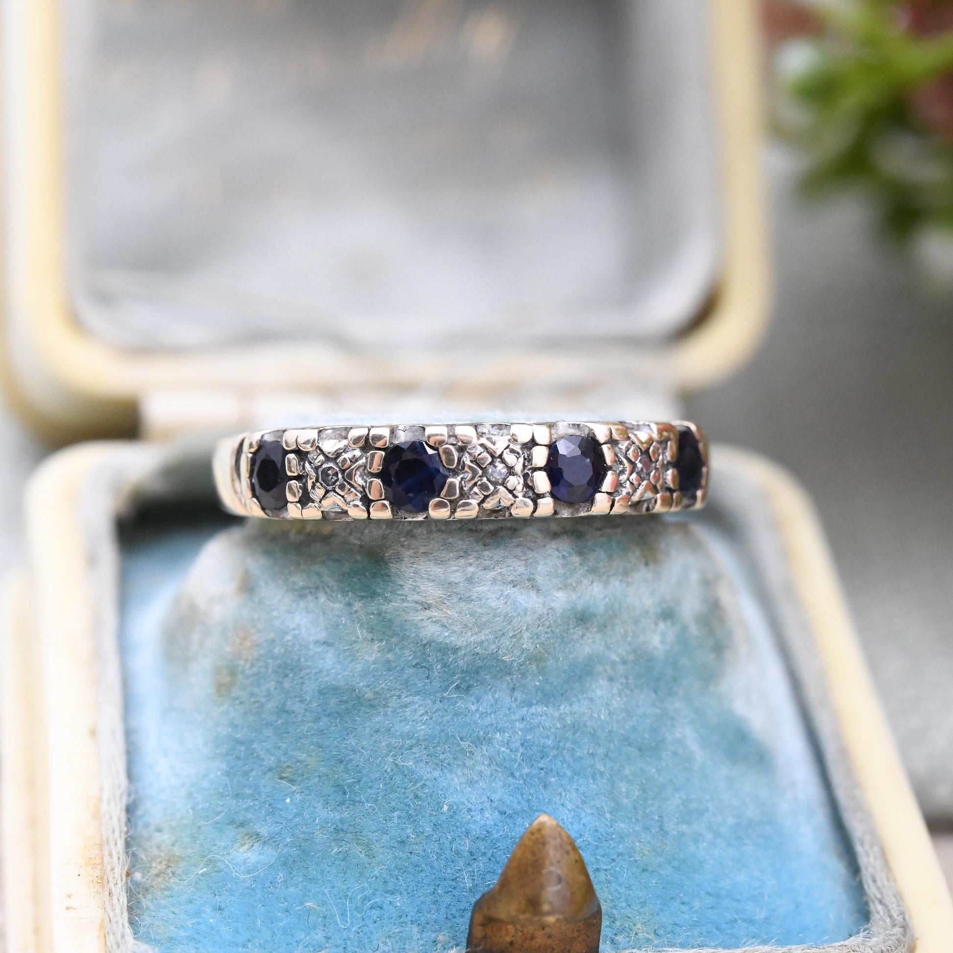 Vintage 9ct Gold Sapphire and Diamond Half Eternity Band Ring - Blue and White Gemstones Stacking Ring Gift | UK Size - M | US Size - 6