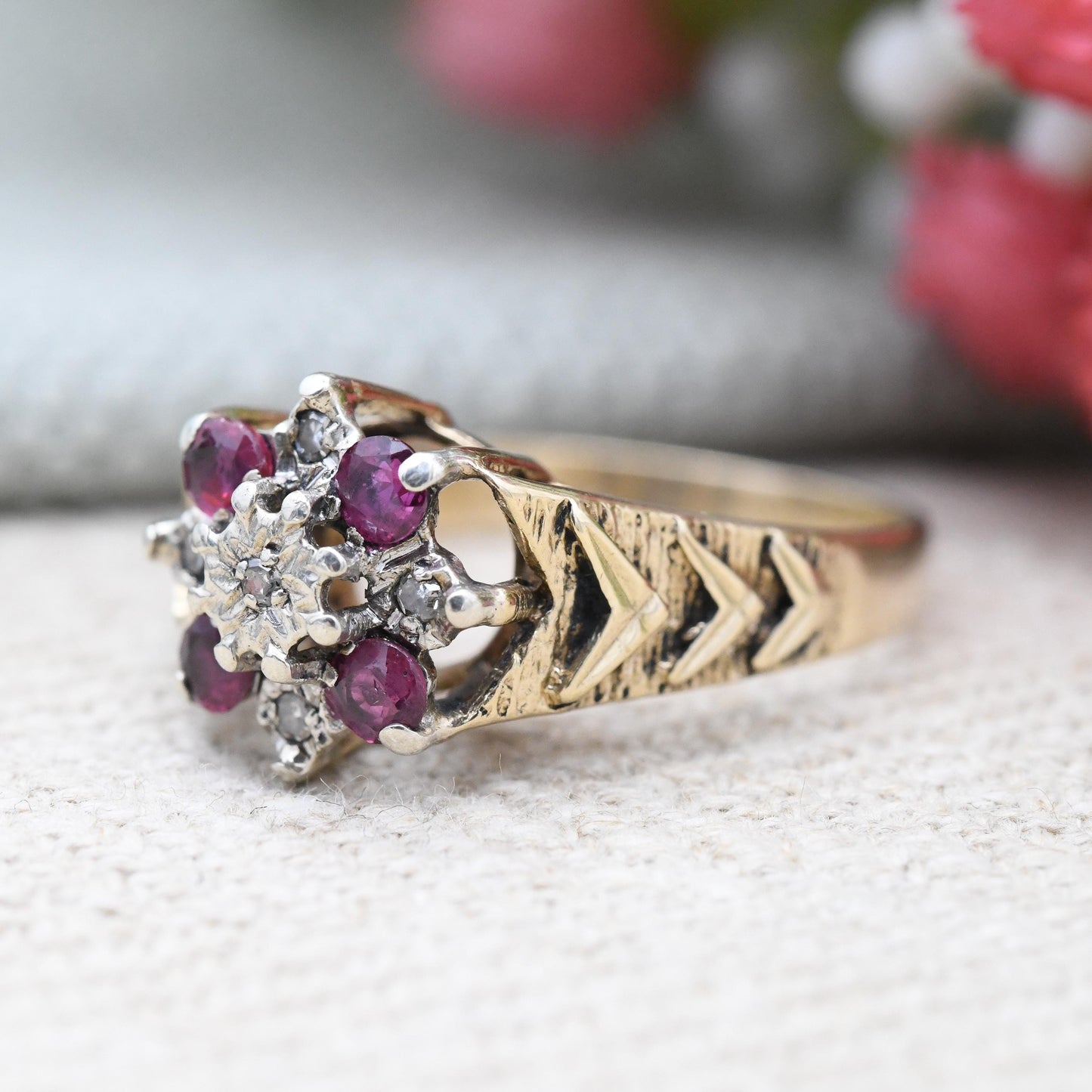 Vintage 9ct Gold Ruby Diamond Floral Cluster Ring 1976 by Slade and Kempton S&K - Mid-Century Textured | UK Size - L 1/2 | US Size - 6