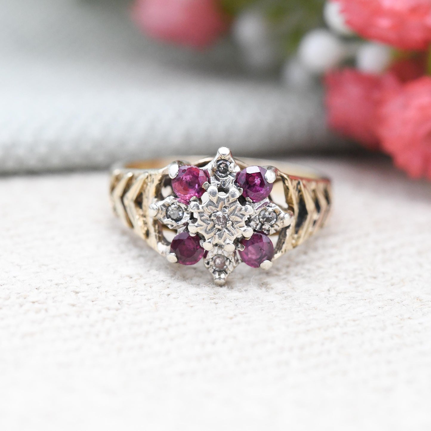 Vintage 9ct Gold Ruby Diamond Floral Cluster Ring 1976 by Slade and Kempton S&K - Mid-Century Textured | UK Size - L 1/2 | US Size - 6