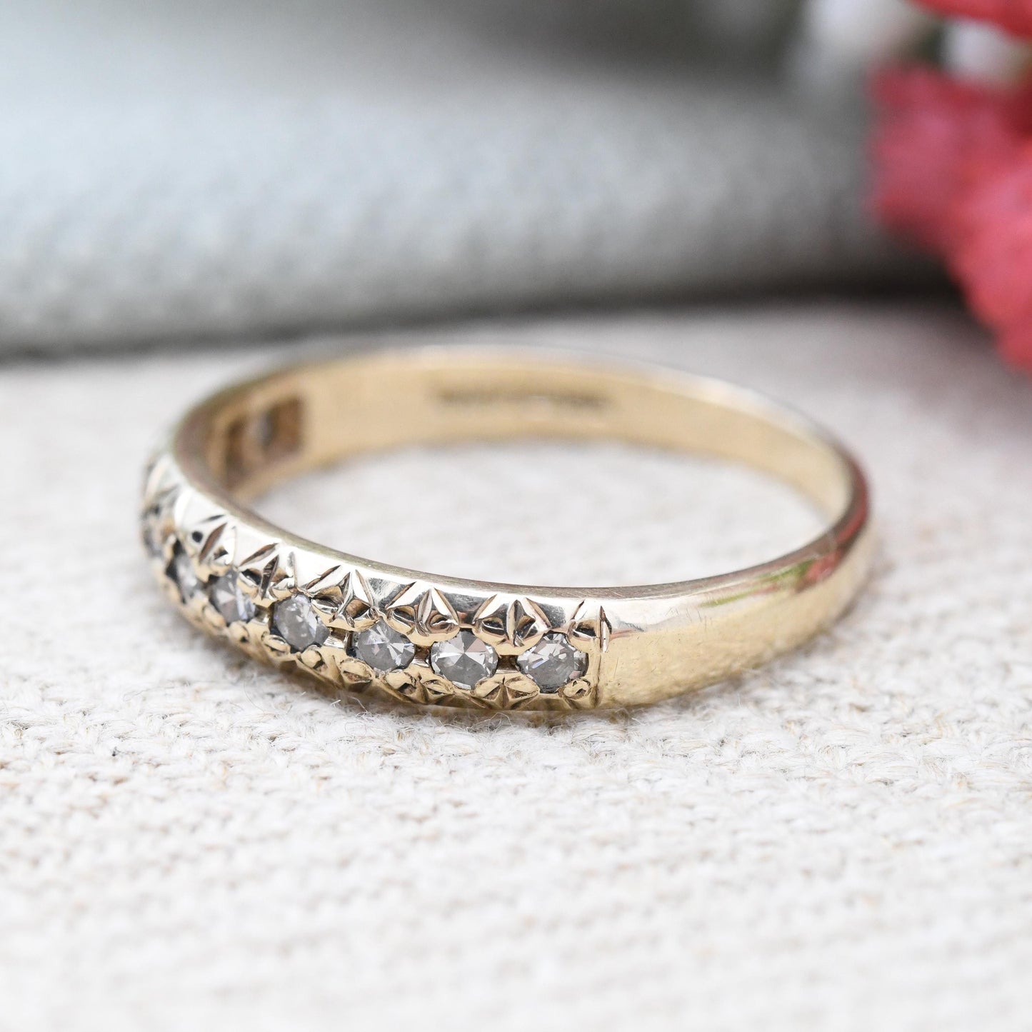 Vintage 9ct Gold Diamond Half Eternity Ring 1988 - Pretty Engagement Wedding Band Stacking Ring Jewellery Gift | UK Size - Q | US Size - 8