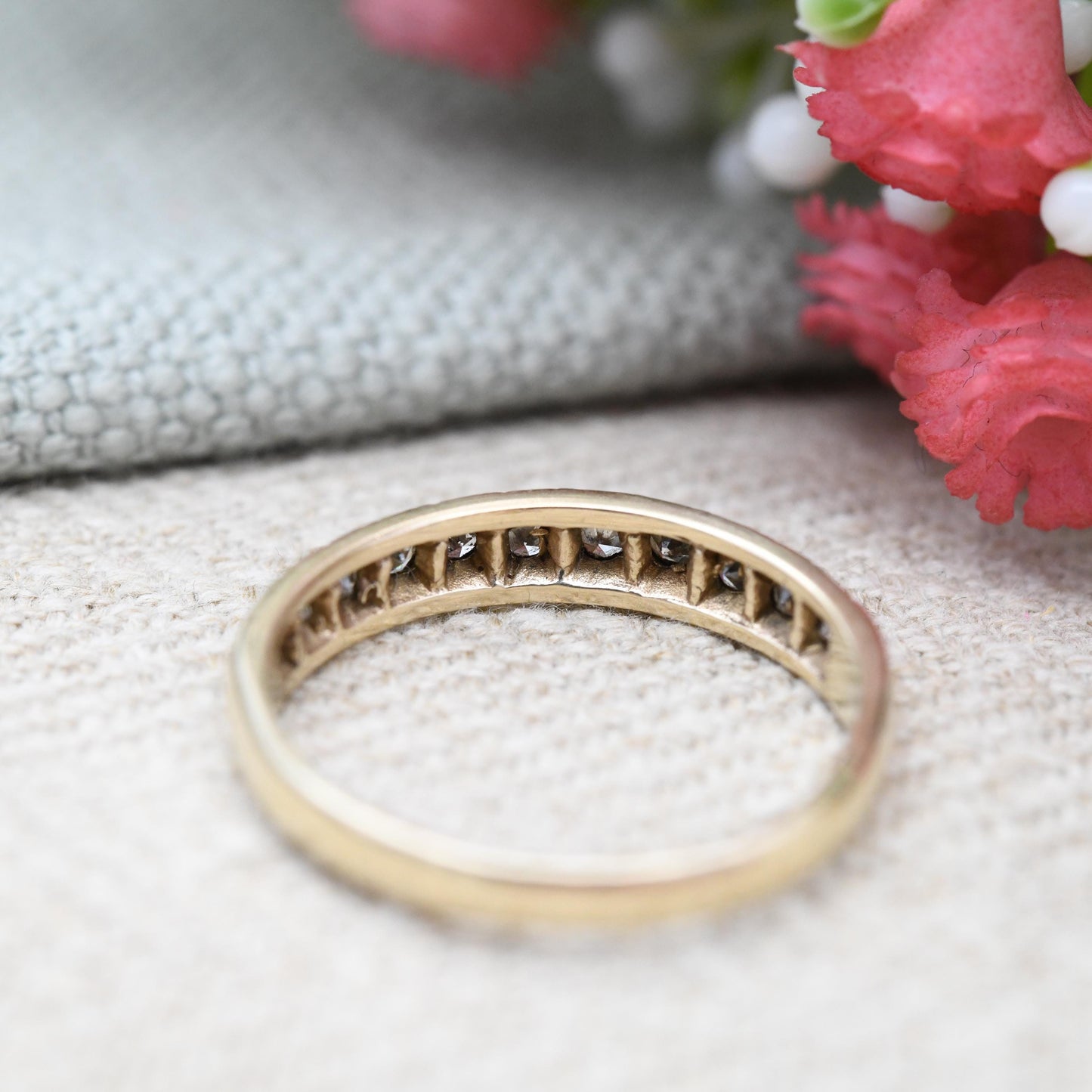 Vintage 9ct Gold Diamond Half Eternity Ring 1988 - Pretty Engagement Wedding Band Stacking Ring Jewellery Gift | UK Size - Q | US Size - 8