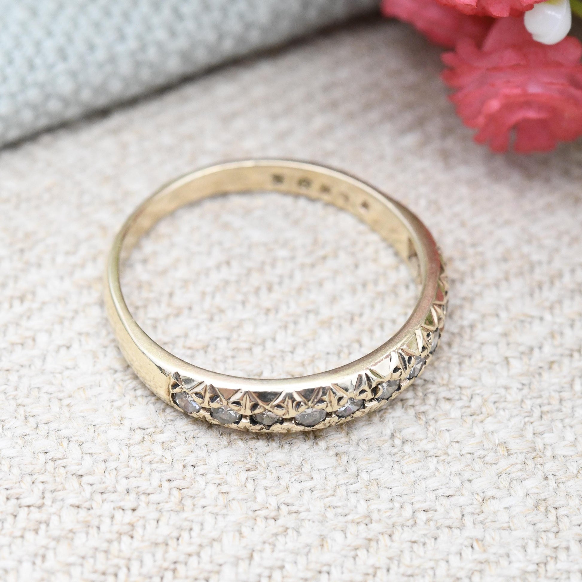 Vintage 9ct Gold Diamond Half Eternity Ring 1988 - Pretty Engagement Wedding Band Stacking Ring Jewellery Gift | UK Size - Q | US Size - 8