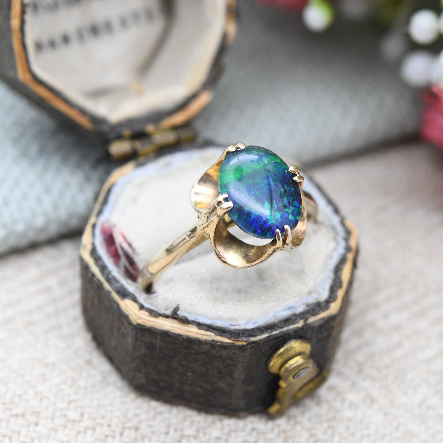 Vintage 9ct Gold Black Opal Triplet Ring 1979 - Deep Blue Green Opal Pretty Solitaire | Mid-Century 1970s | UK Size - L | US Size - 5 3/4