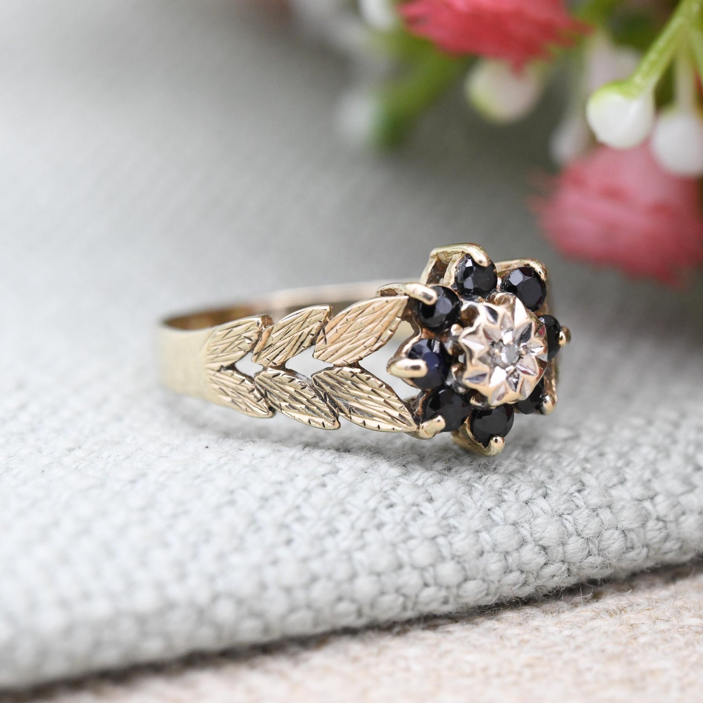 Vintage 9ct Gold Sapphire Diamond Flower Cluster Ring 1990 - Textured Leaf Blue Floral Ring Gift for Her | UK Size - O 1/2 | US Size - 7 1/2