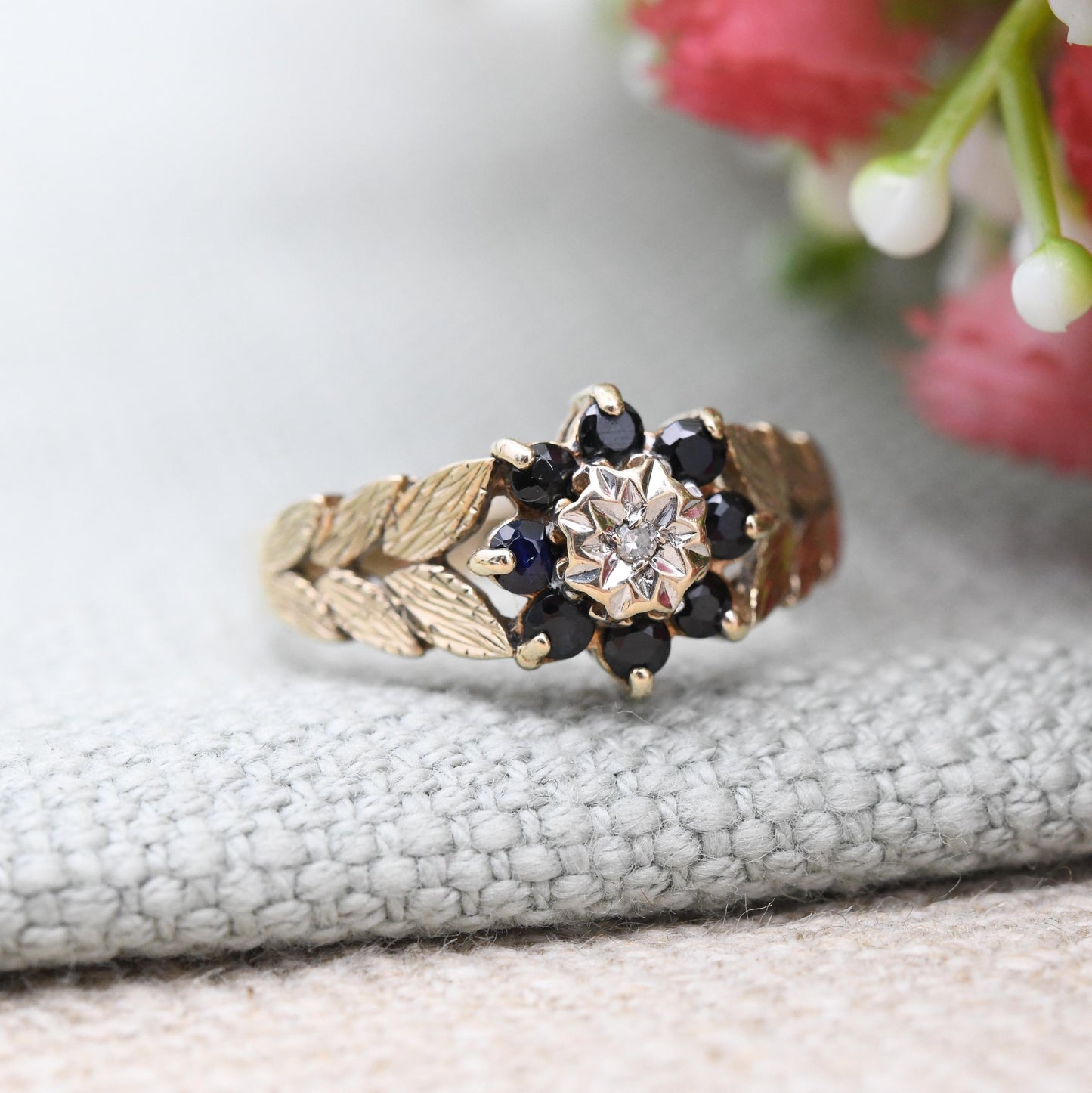 Vintage 9ct Gold Sapphire Diamond Flower Cluster Ring 1990 - Textured Leaf Blue Floral Ring Gift for Her | UK Size - O 1/2 | US Size - 7 1/2