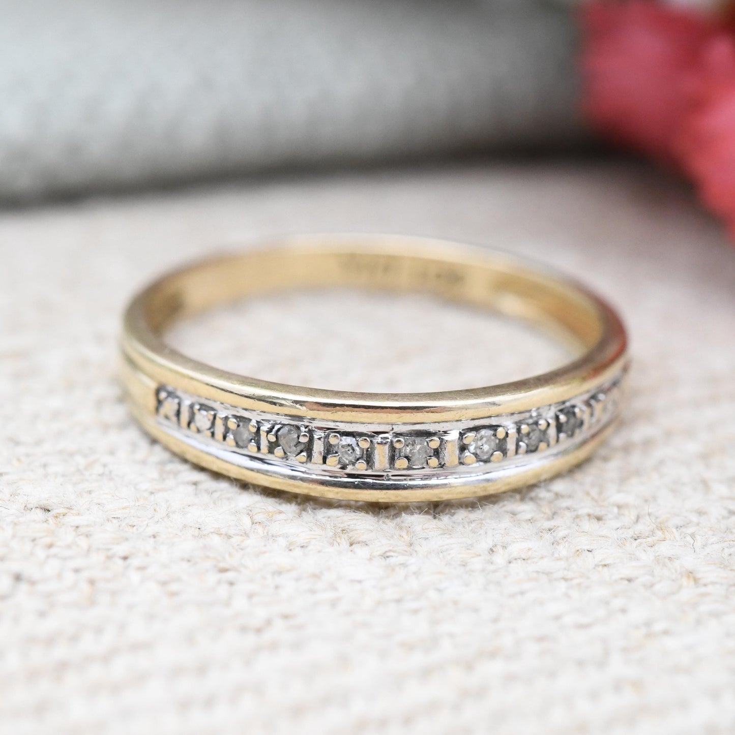 Vintage 9ct Gold Diamond Flush Half Eternity Ring - Pretty Engagement Wedding Band Small Stacking Ring | UK Size - K 1/2 | US Size - 5 1/2