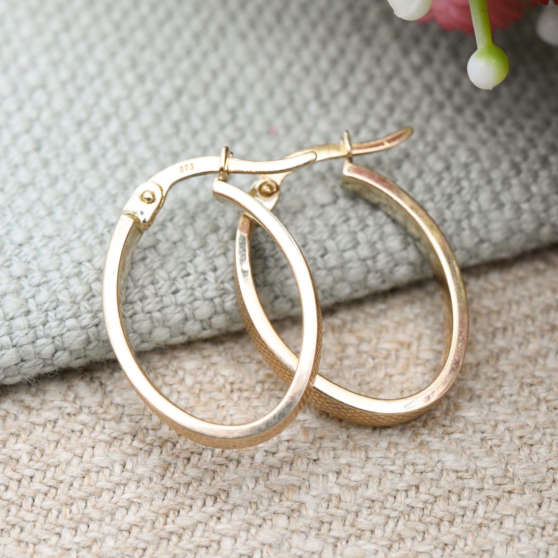 Vintage 9ct Gold Oval Hoop Earrings Textured Cross Hatch Design - Minimal Hollow Hoops | Pretty Gold Jewellery Gift for Her